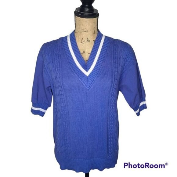 Vintage 80s Blue Cable Knit V-neck Short Sleeve Sweater Top - Picture 1 of 10